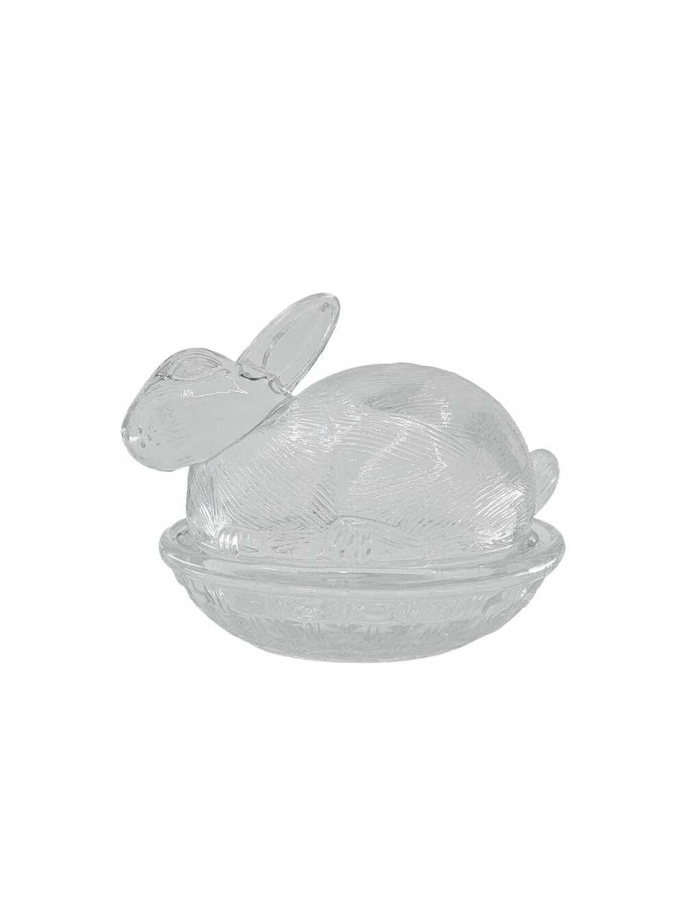 Vintage Clear Glass Bunny Rabbit Covered Candy Dish Basket Easter Decor
